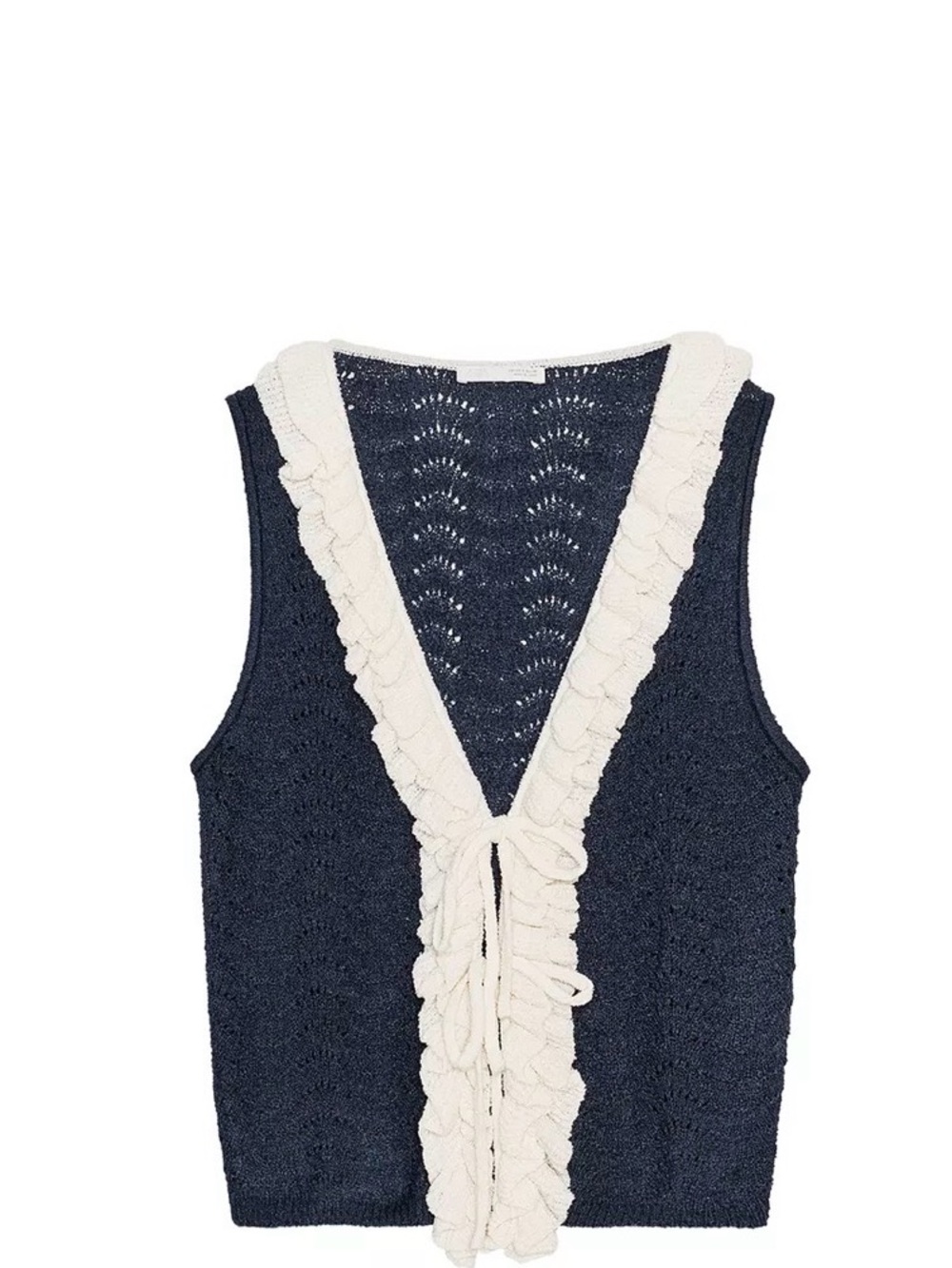 Zara Navy Blue and Cream Knit Ruffled V-Neck Vest